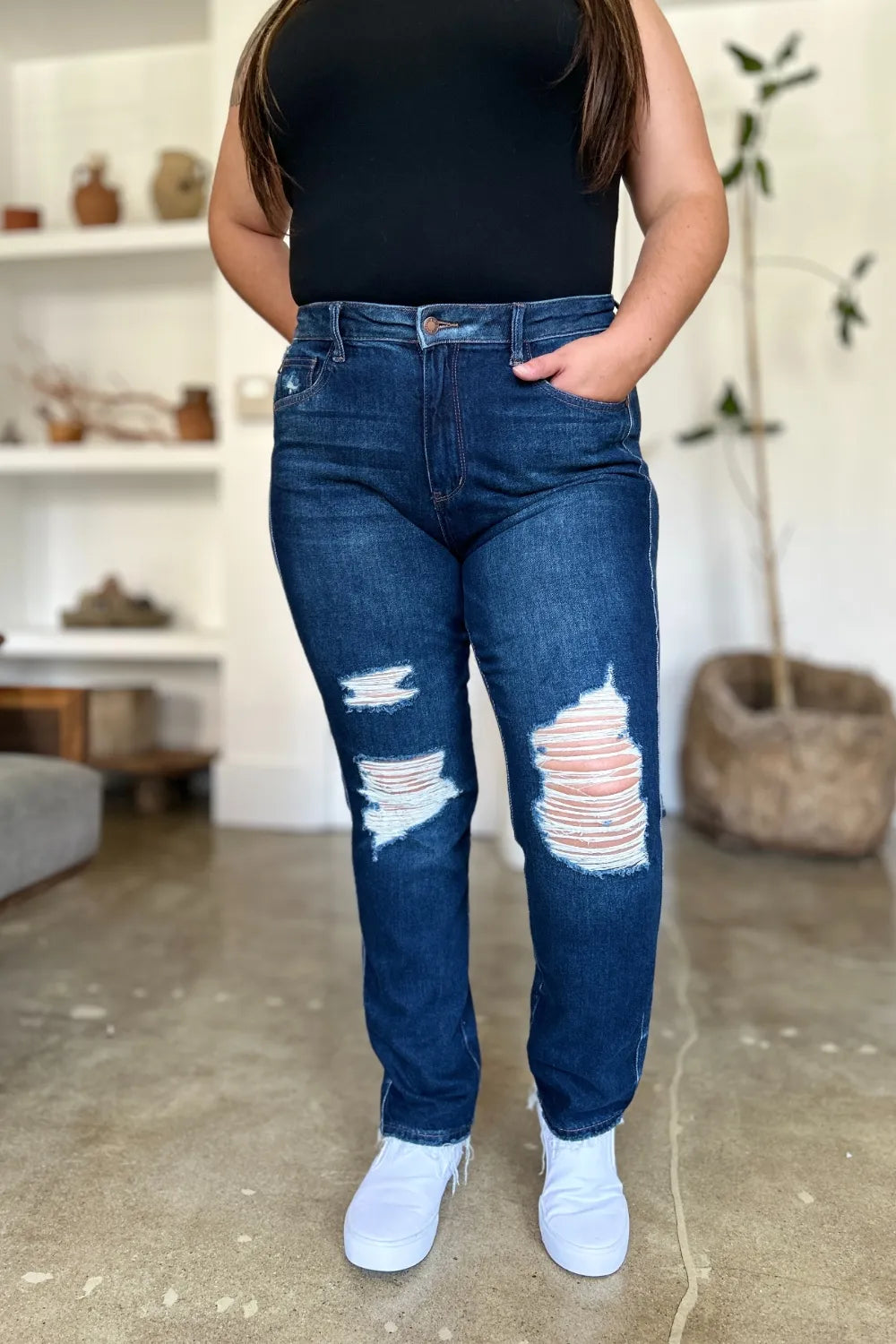 Judy Blue Full Size High Waist Rigid Magic Heavy Destroy Straight Jeans - Lilixa.store