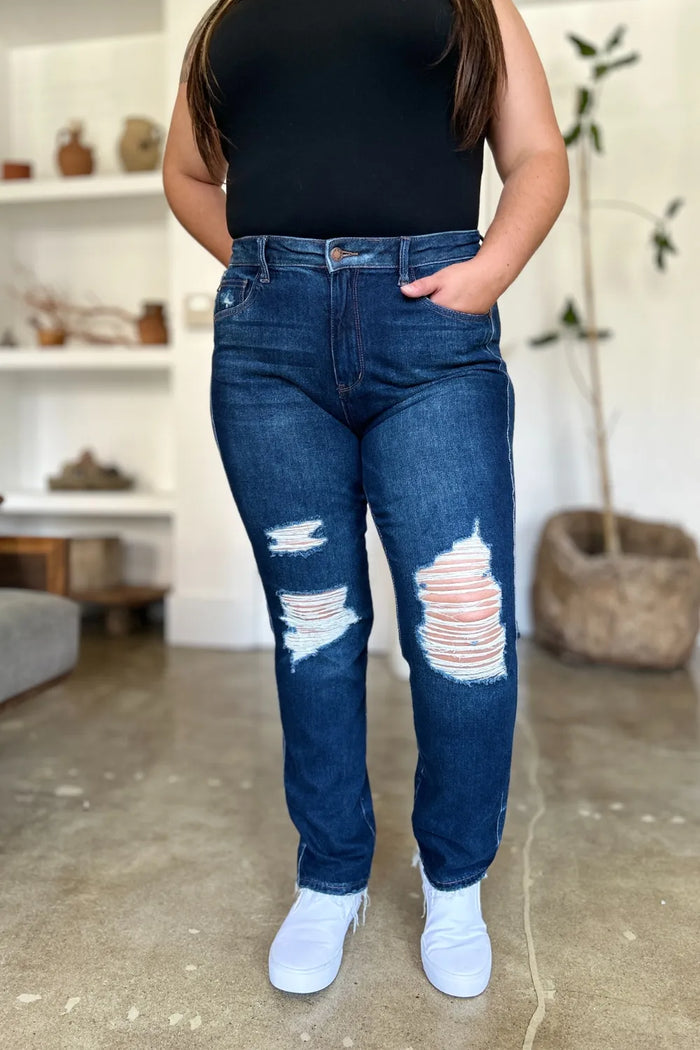 Judy Blue Full Size High Waist Rigid Magic Heavy Destroy Straight Jeans - Lilixa.store