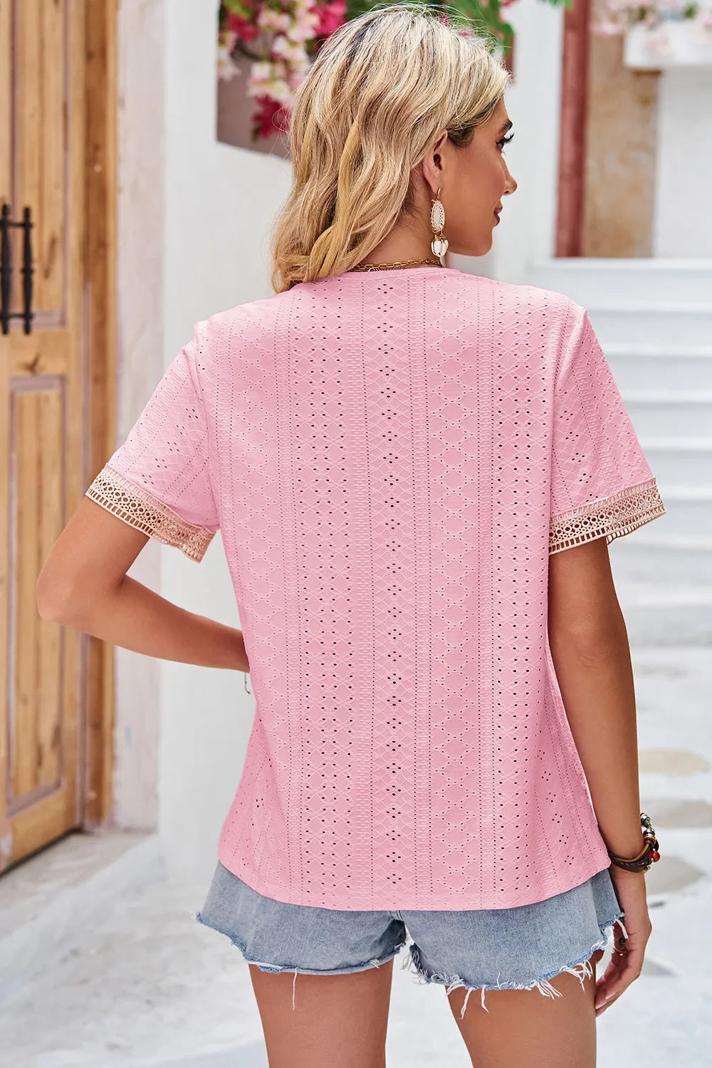 Eyelet V-Neck Short Sleeve T-Shirt - Lilixa.store