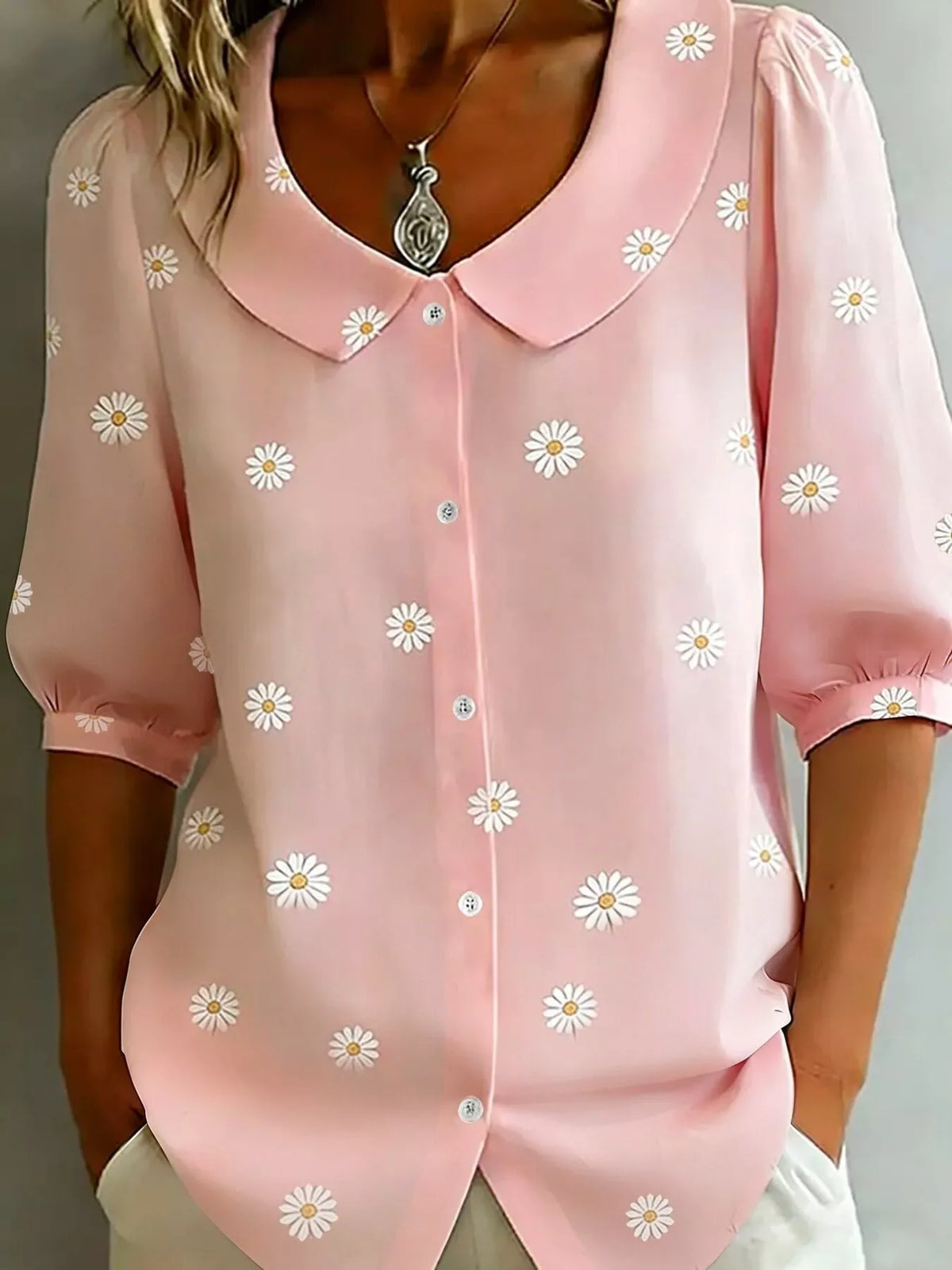 Daisy Print Peter Pan Collar Button-Down Shirt - Lilixa.store