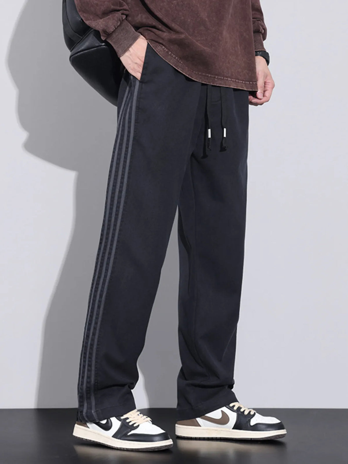 Men's Plus Size Casual Loose Fit Stripes Pants in Black