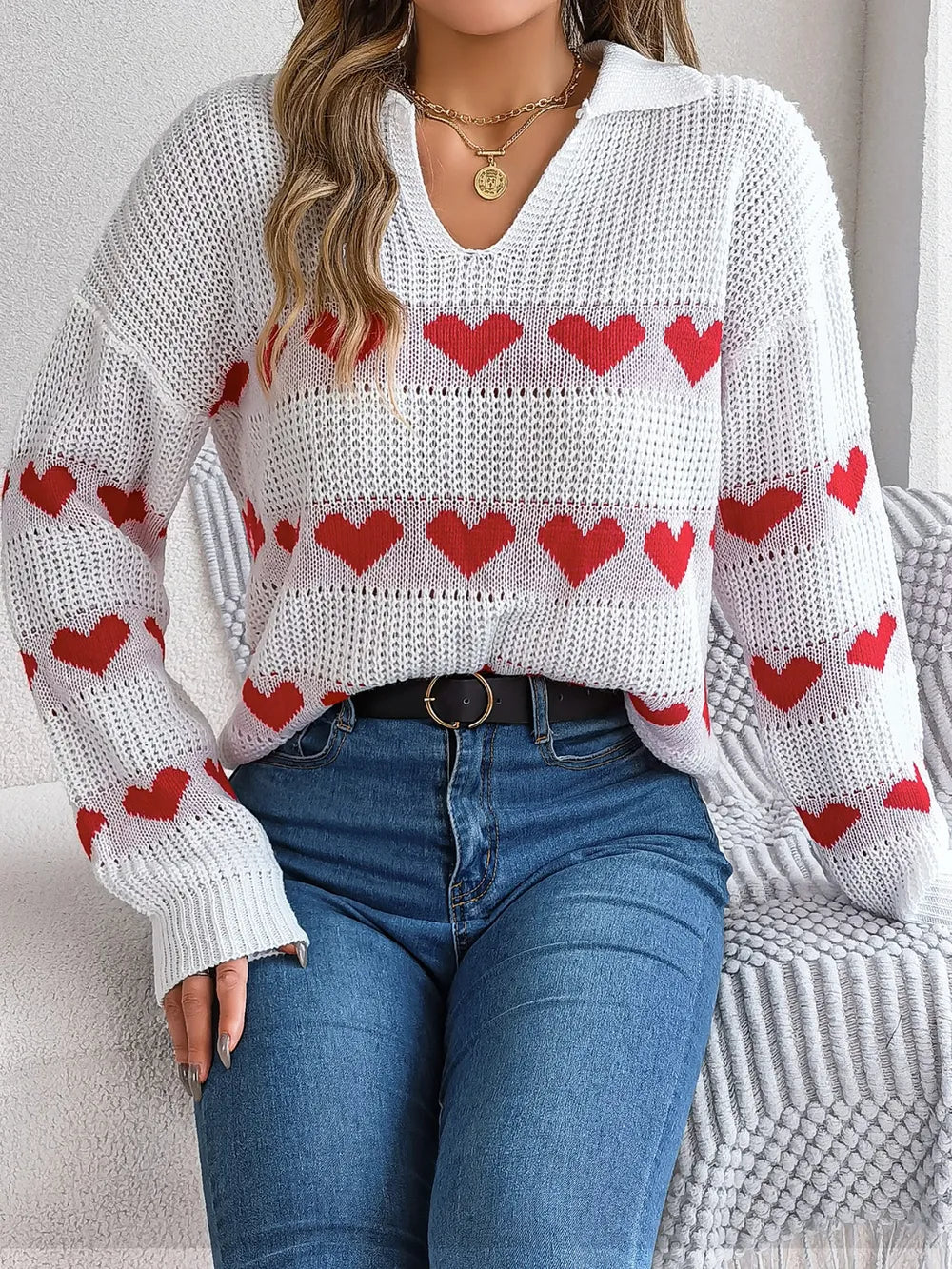 Heart Johnny Collar Long Sleeve Sweater, view 3