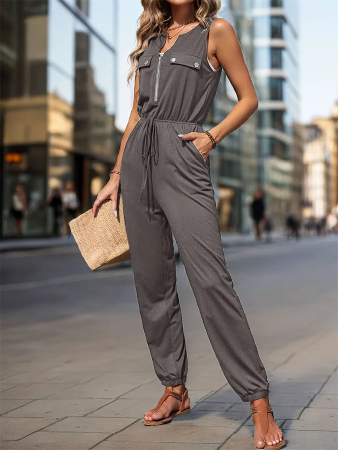 Drawstring Waist Sleeveless Jumpsuit - Lilixa.store