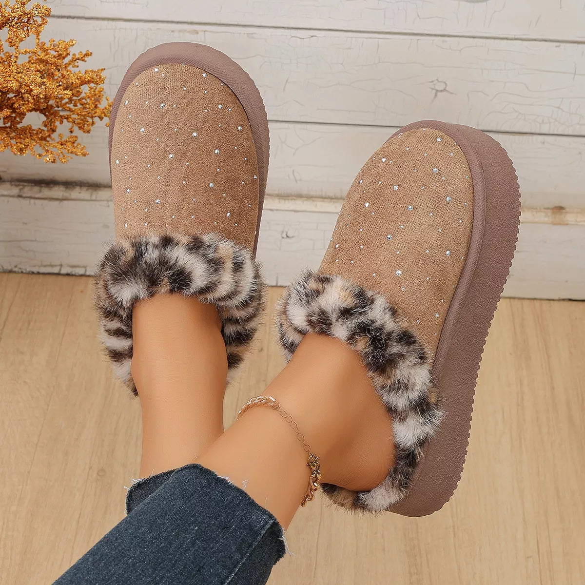 Rhinestone Faux Fur Platform Slippers - Lilixa.store