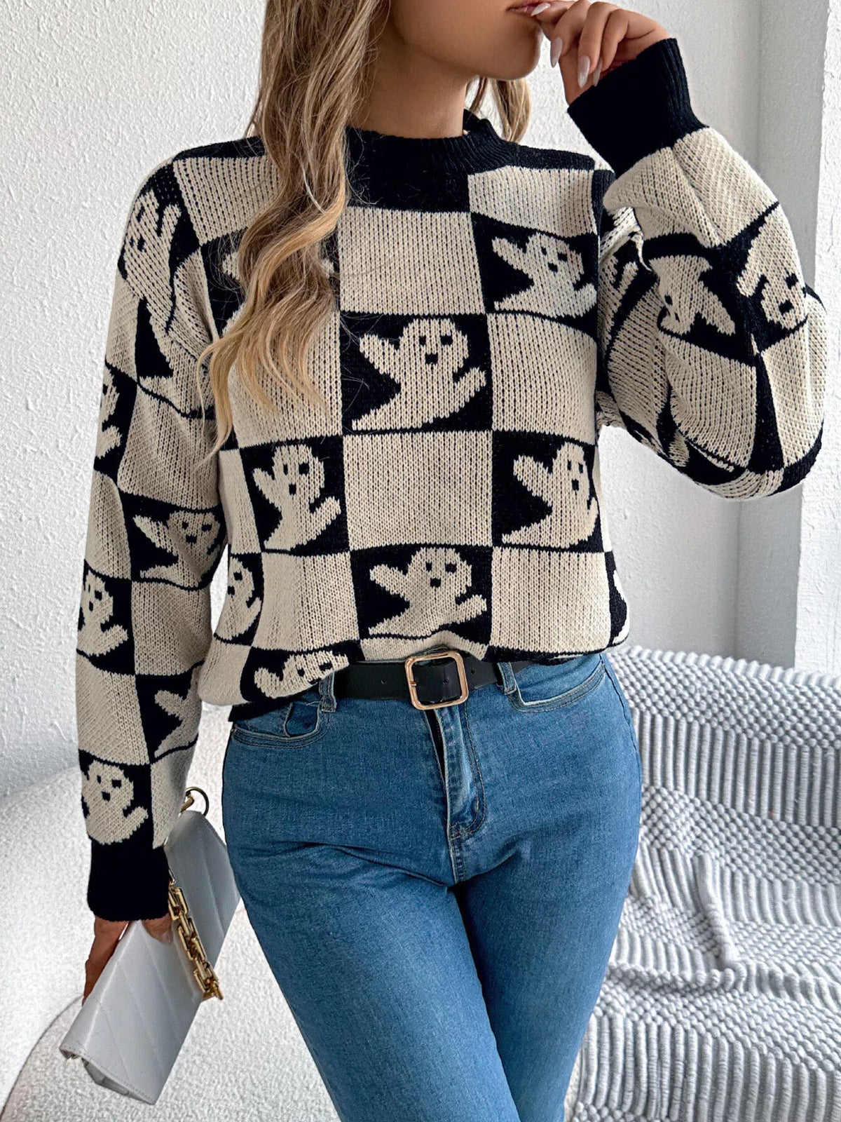 Checkerboard Halloween Graphic Sweater
