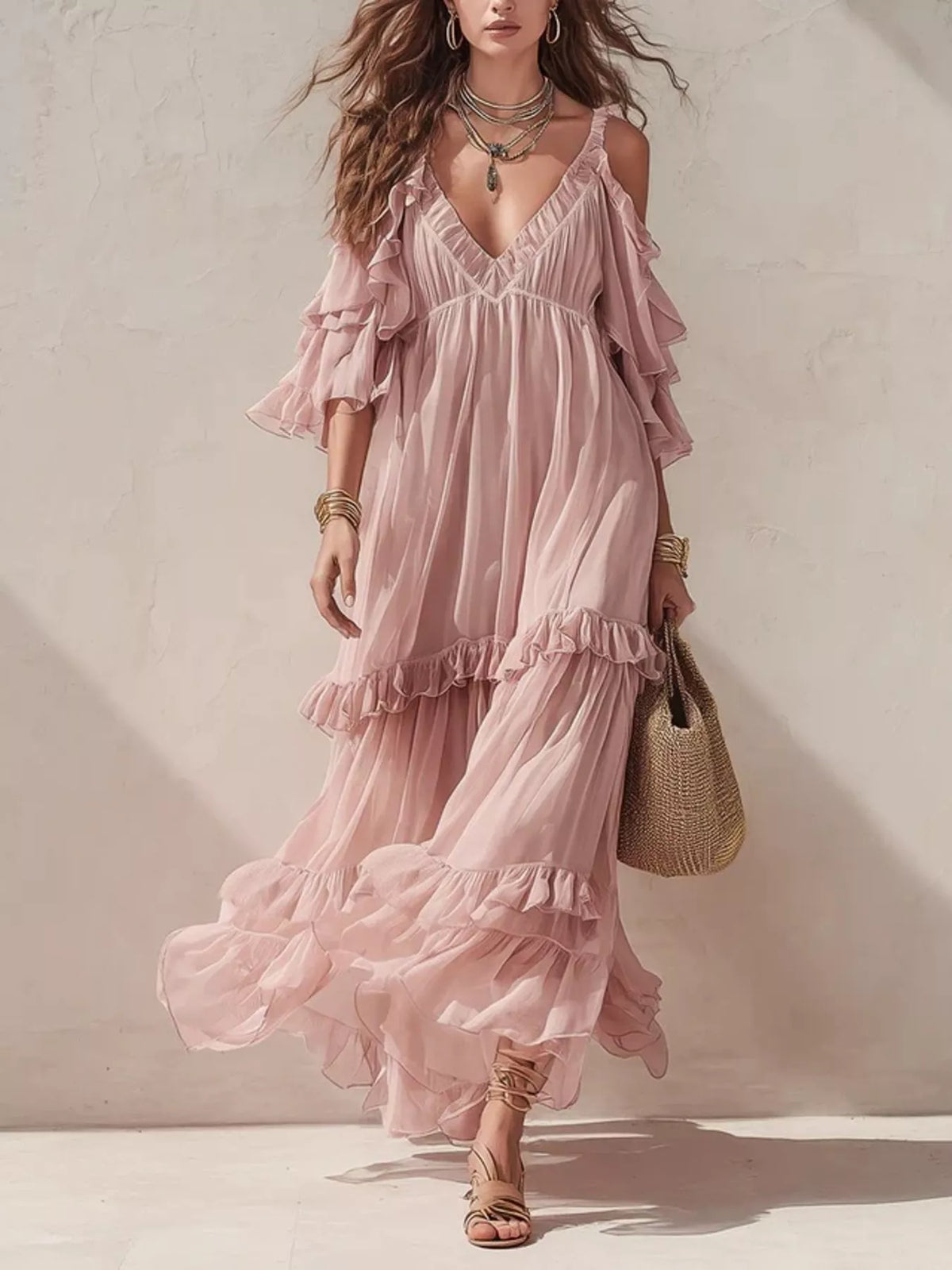 Cold-Shoulder Ruffled Maxi Dress - Lilixa.store