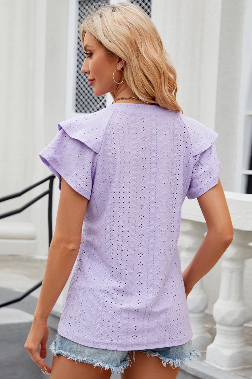 Eyelet Notched Flutter Sleeve T-Shirt - Lilixa.store