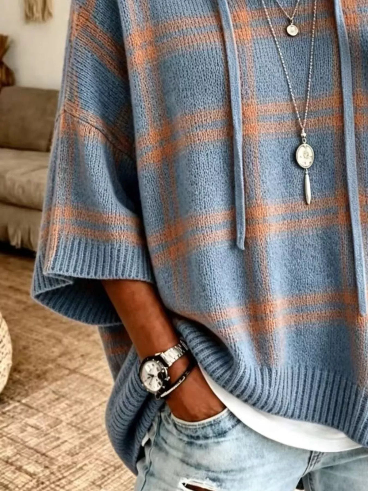 Plaid Hooded Knit Sweater, view 6