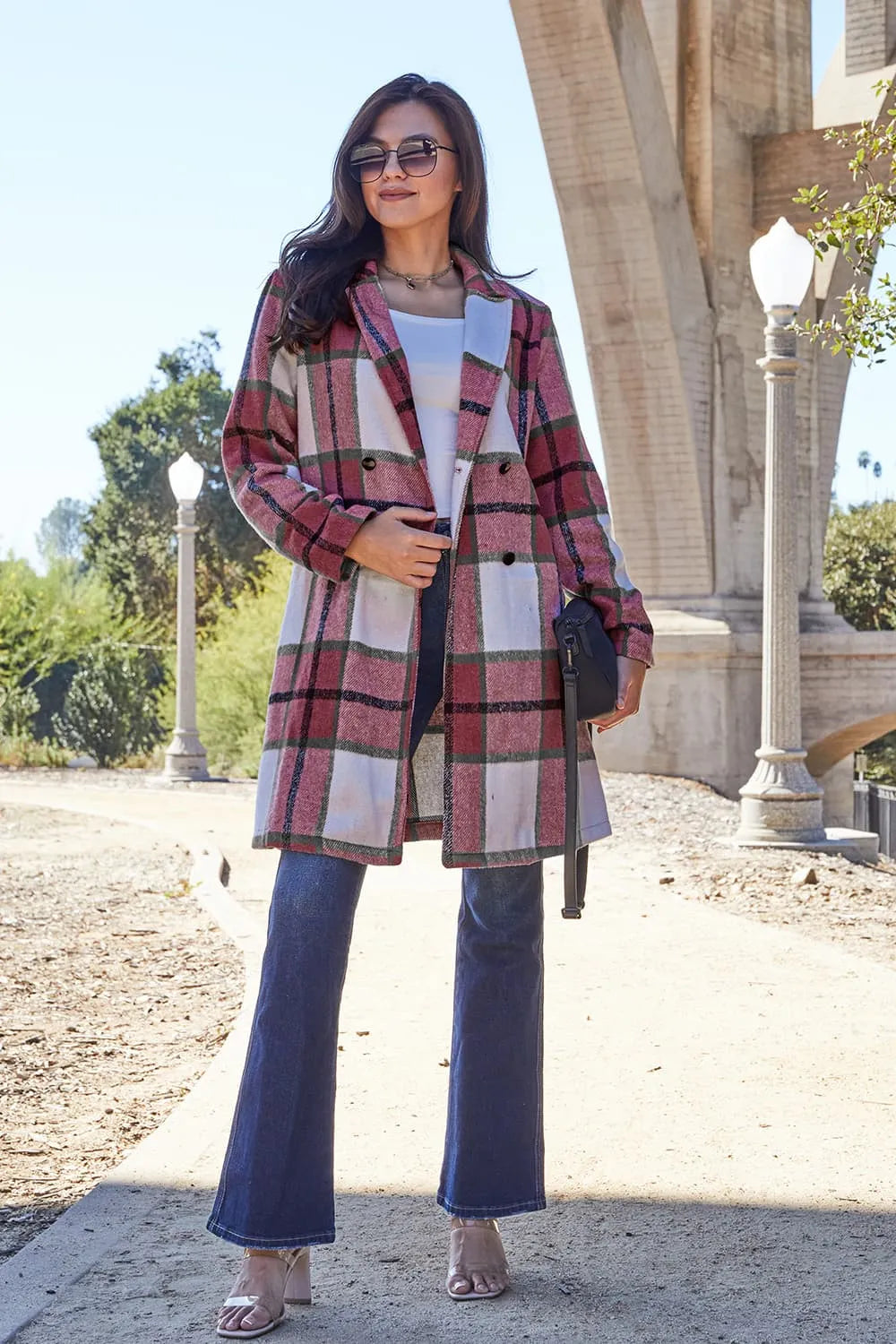Double Take Full Size Plaid Button Up Lapel Collar Coat - Lilixa.store