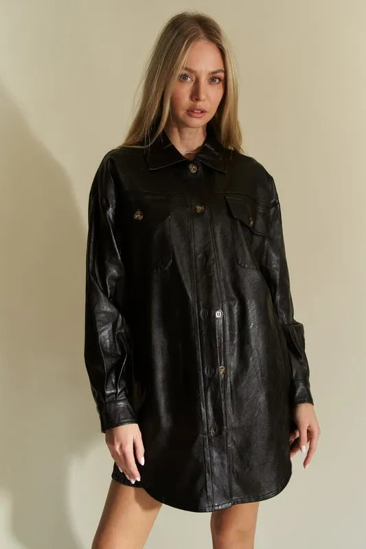 Davi & Dani Faux Leather Button Up Jacket with Chest Pockets in Black, view 3
