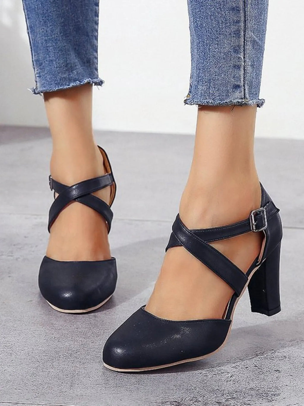 Cross-Strap Block Heel Pumps - Lilixa.store