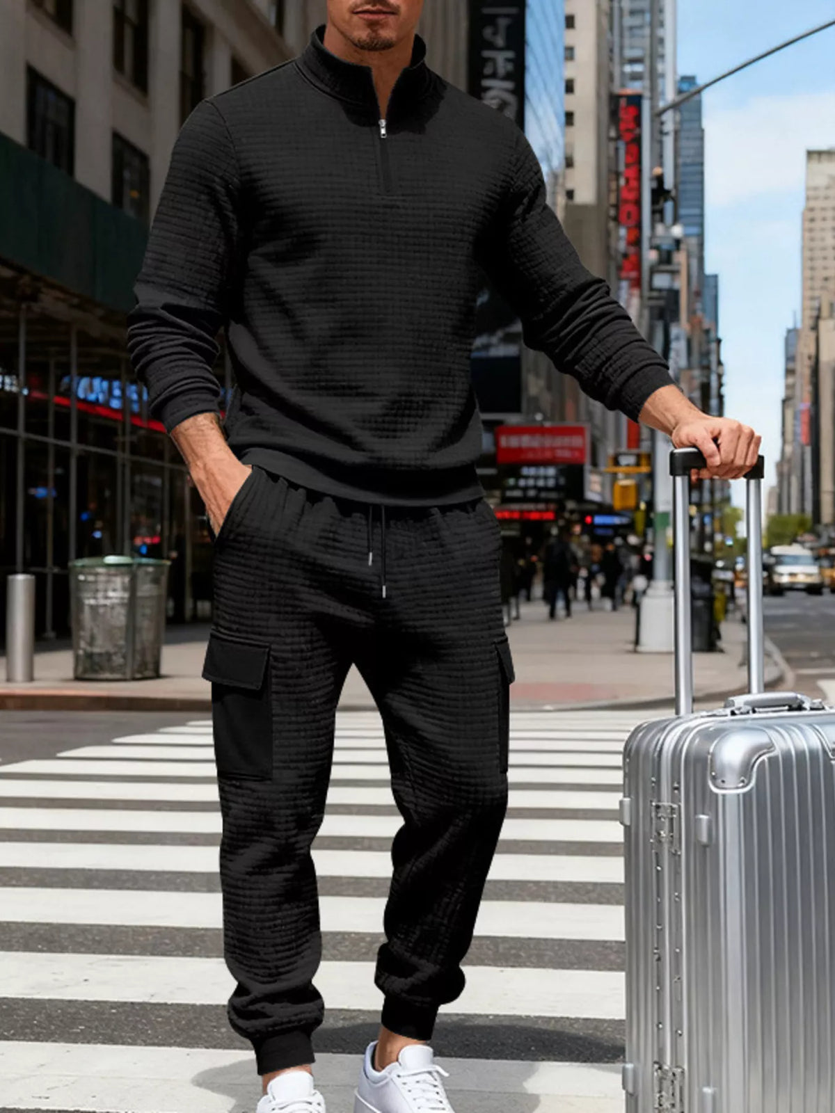 Men's Full Size Quarter-Zip Top and Cargo Joggers Set Plus Size - Lilixa.store