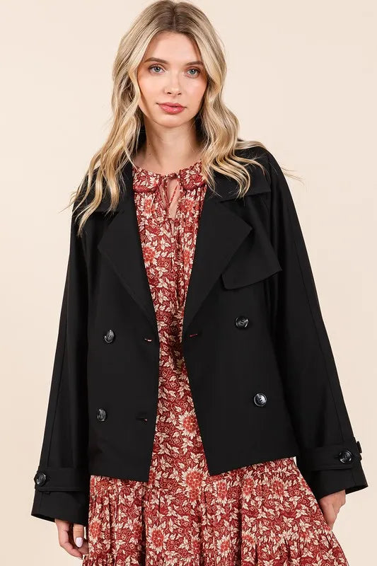 Mittoshop Double Breasted Long Sleeve Trench Coat Jacket in Black, view 3