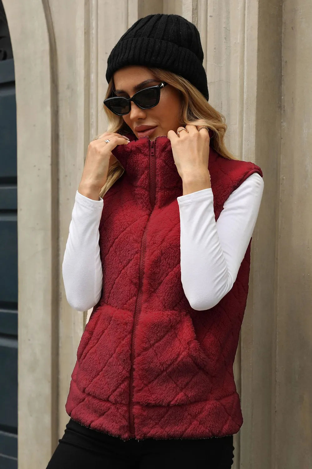 Fuzzy Plaid Texture Zip Up Vest Coat in Rust