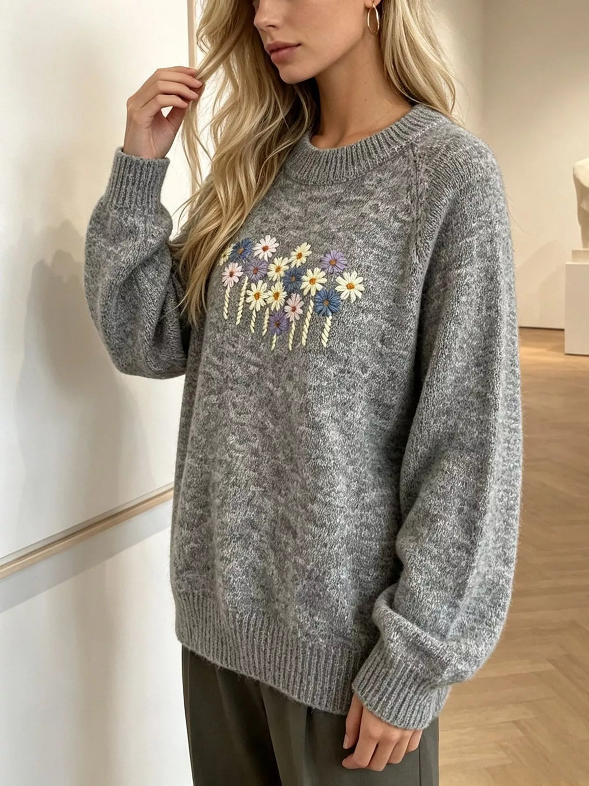 Floral Embroidered Round Neck Sweater, view 15