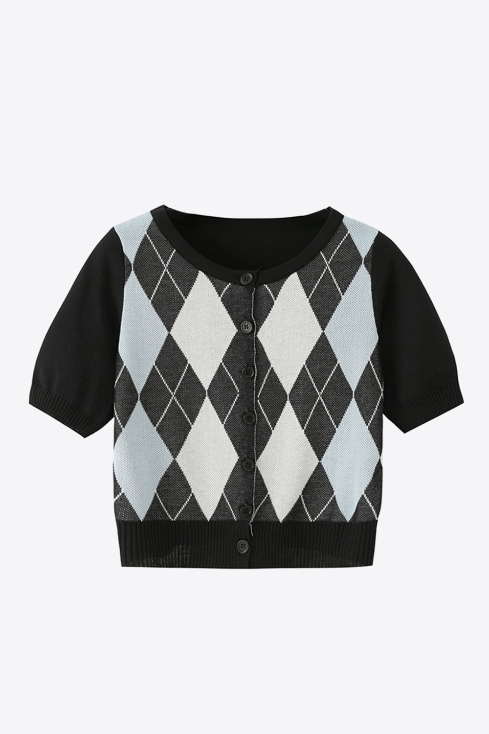 Argyle Round Neck Ribbed Trim Cardigan - Lilixa.store