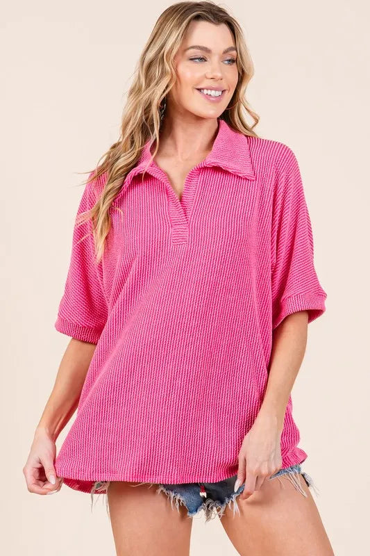 BOMBOM Ribbed Collared Neck Top - Lilixa.store