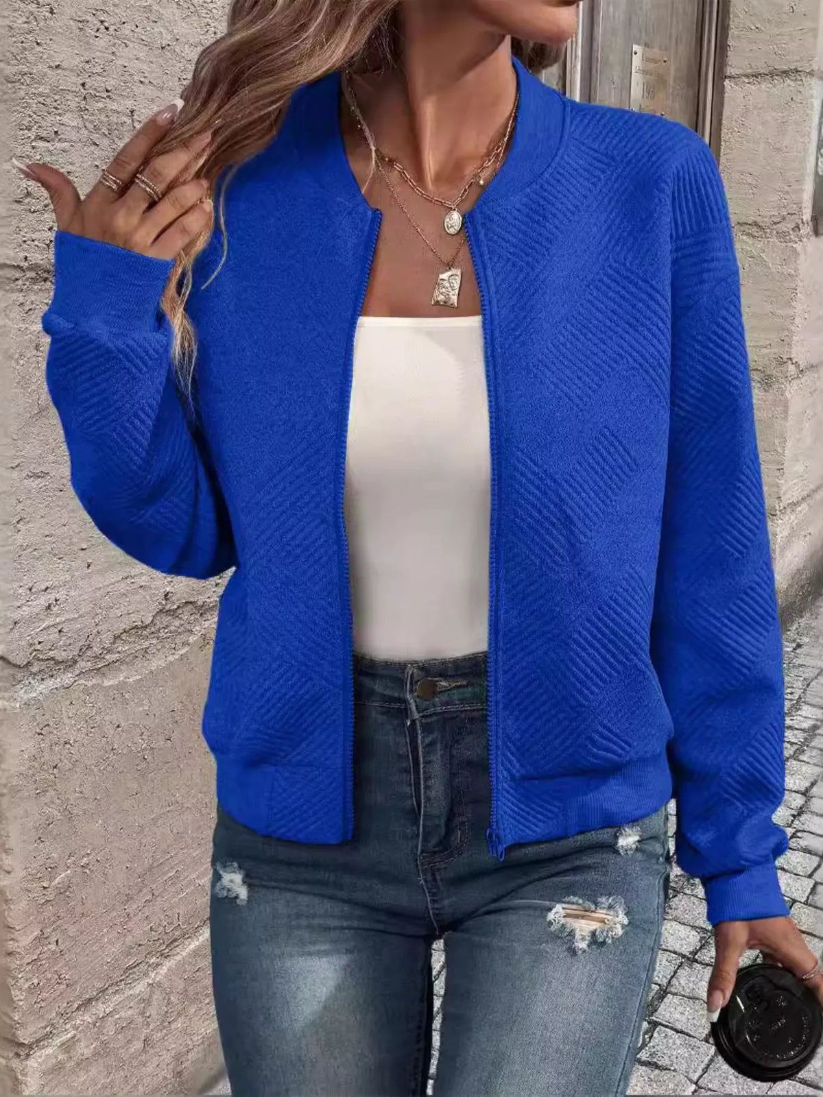 Textured Knit Zip-Up Jacket - Lilixa.store