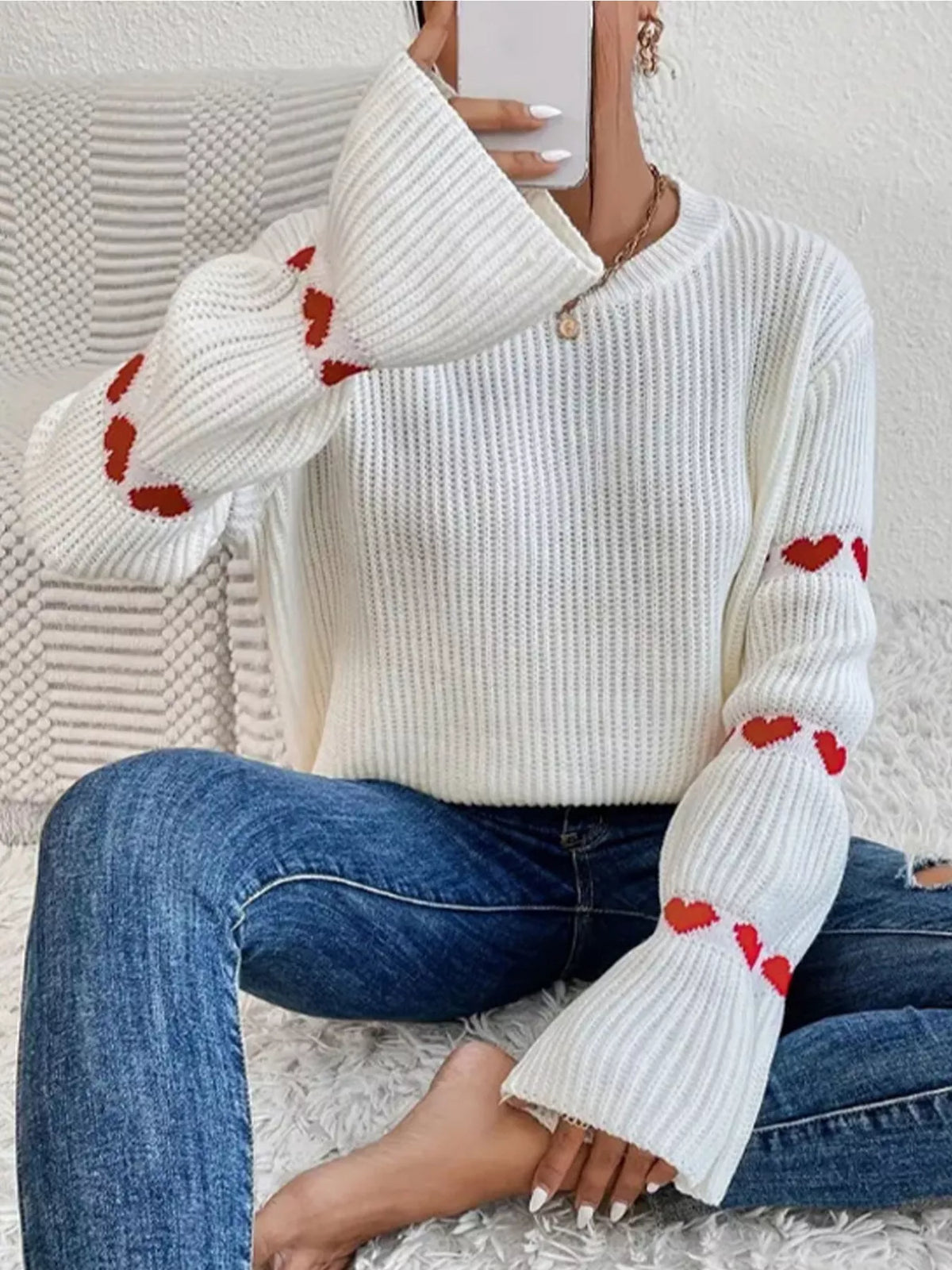Heart Pattern Dropped Shoulder Sweater, view 3
