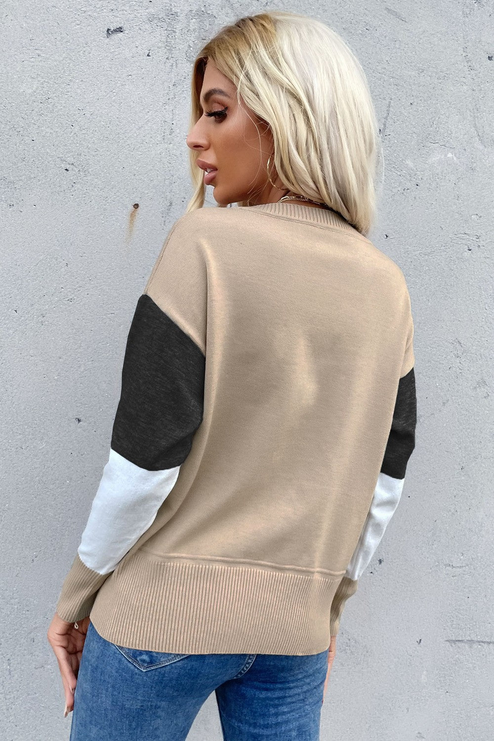 Perfee Color Block Ribbed Trim Round Neck Knit Pullover - Lilixa.store