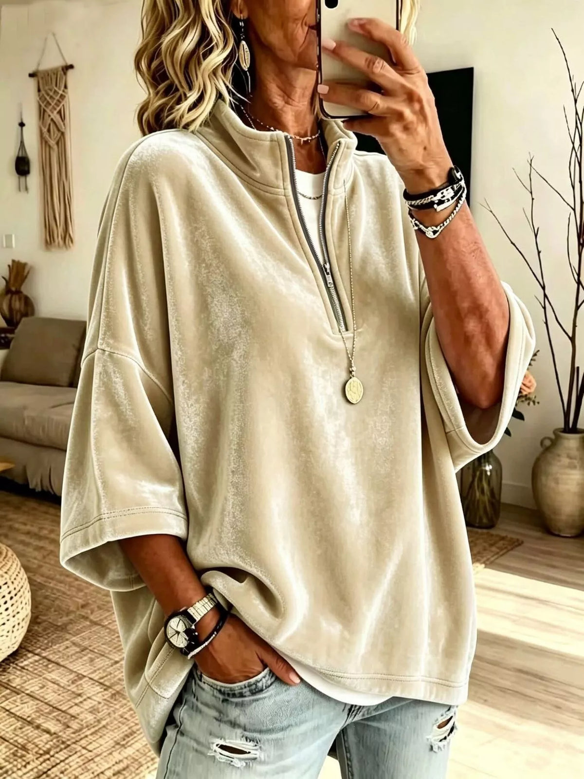 Full Size Velvet Quarter-Zip Sweatshirt Plus Size in White