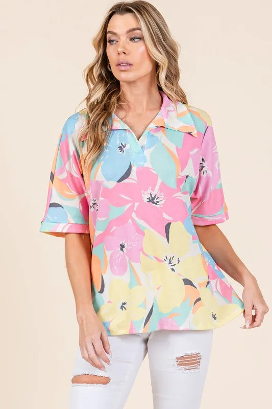 BOMBOM Floral Collared Neck Half Sleeve Top - Lilixa.store