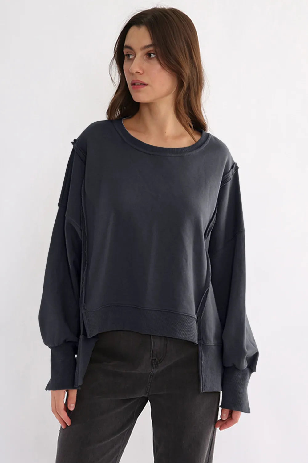 Exposed Seam High-Low Long Sleeve Sweatshirt - Lilixa.store