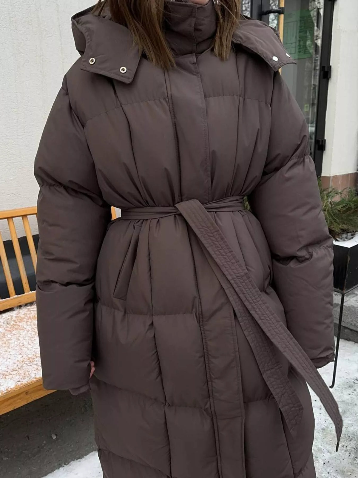 Longline Padded Winter Coat with Belted, view 11