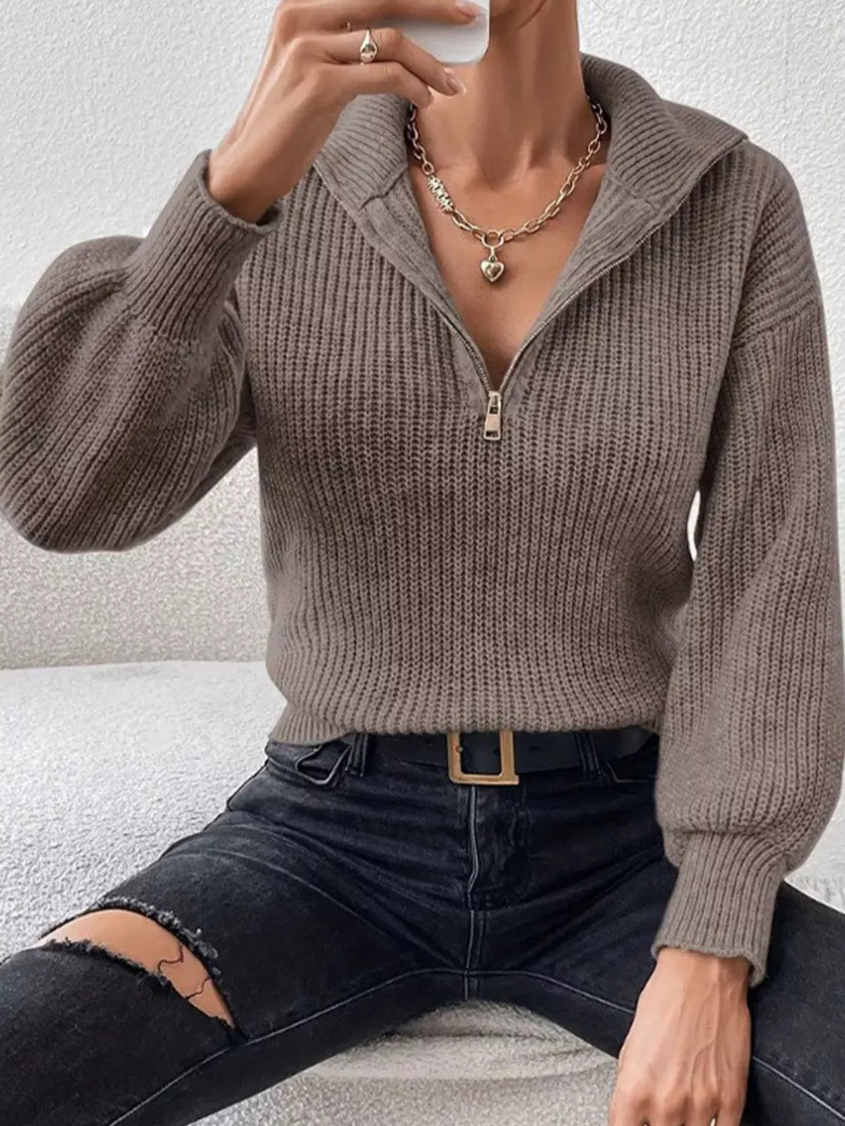 Quarter-Zip Dropped Shoulder Sweater - Lilixa.store