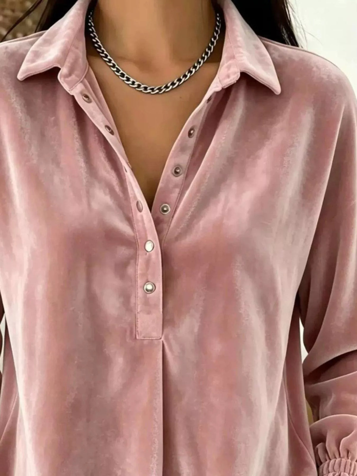 Velvet Snap Down Long Sleeve Blouse in Dusty Pink, view 3
