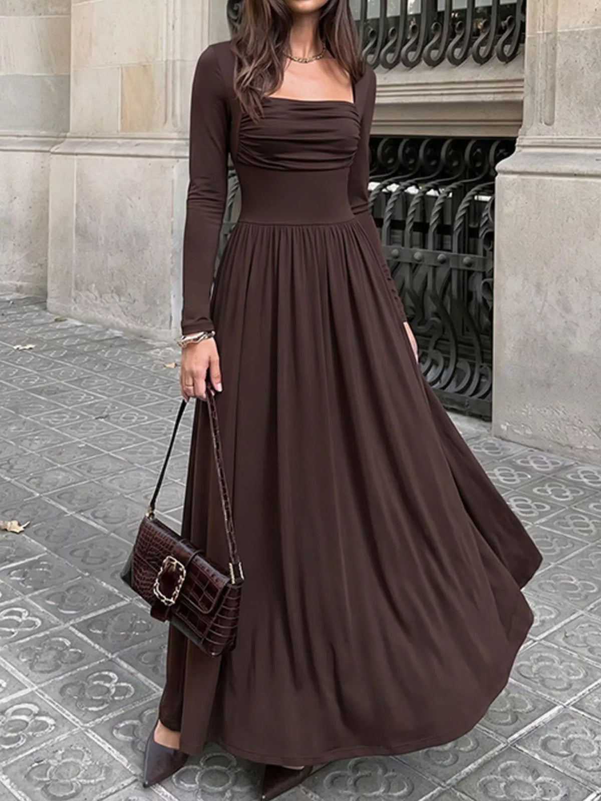 Ruched Square Neck Long Sleeve Maxi Dress