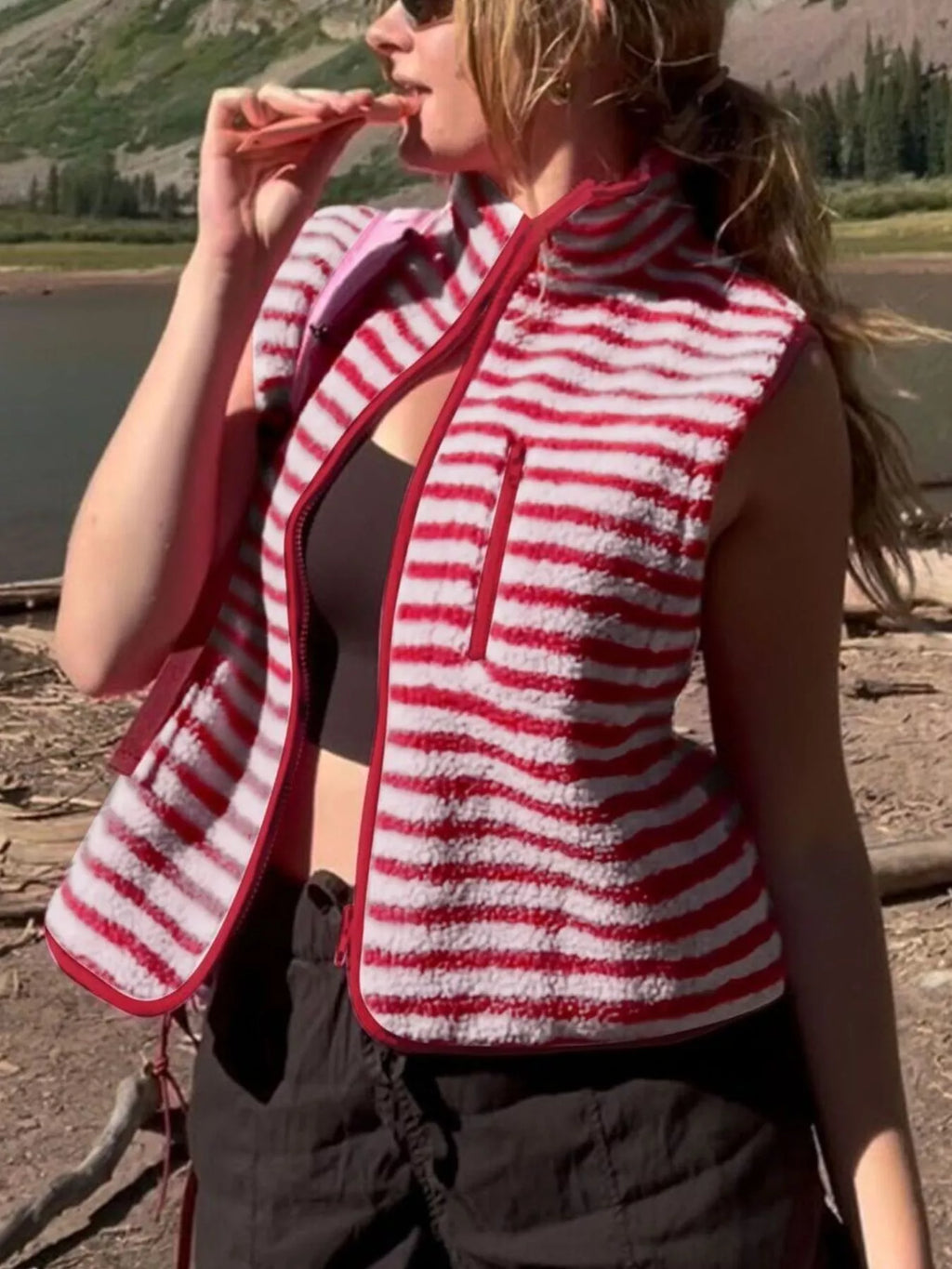 Striped Fleece Zip-Up Vest Coat - Lilixa.store