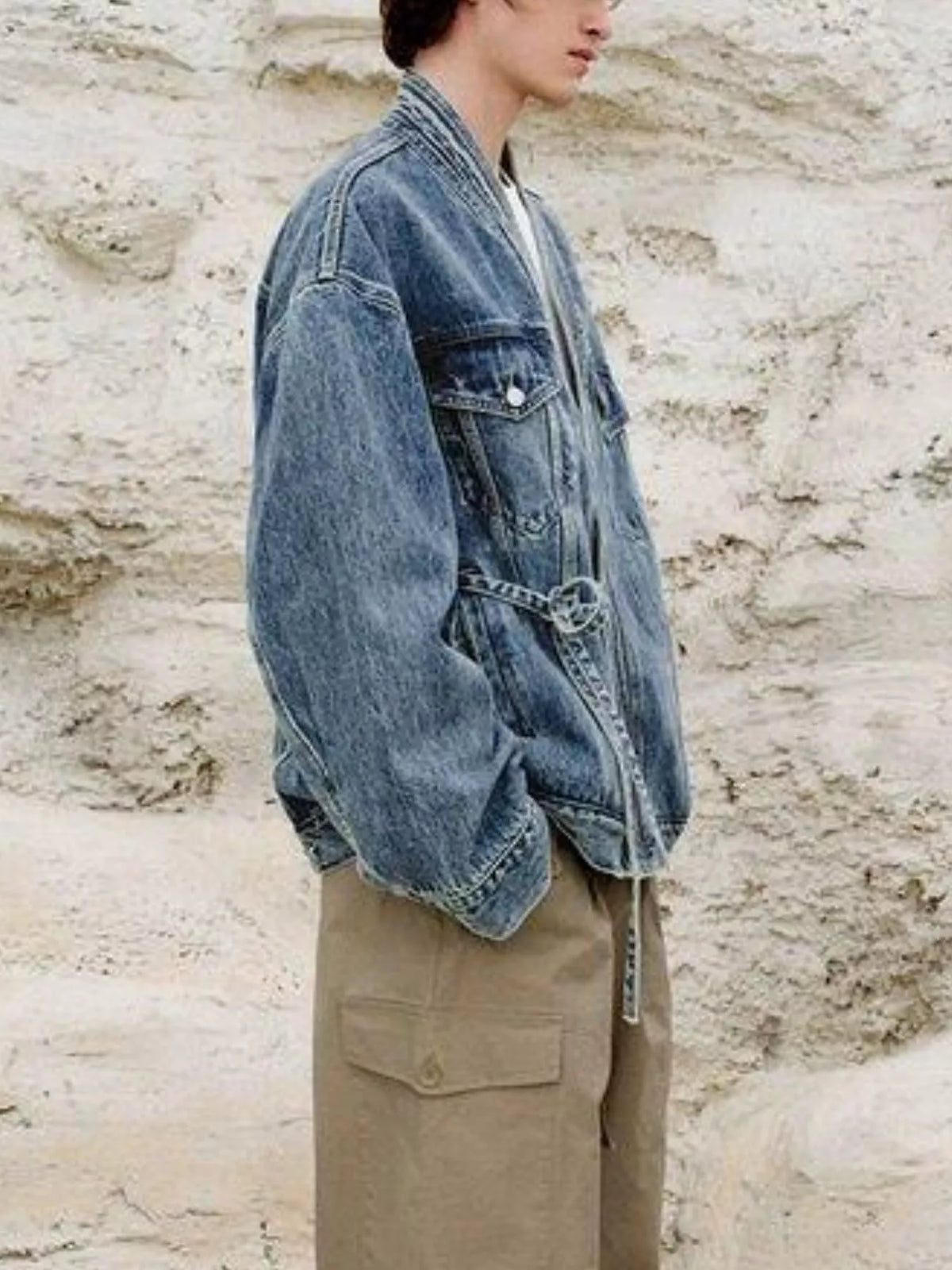 Men's Plus Size Washed Tied Long Sleeve Denim Jacket