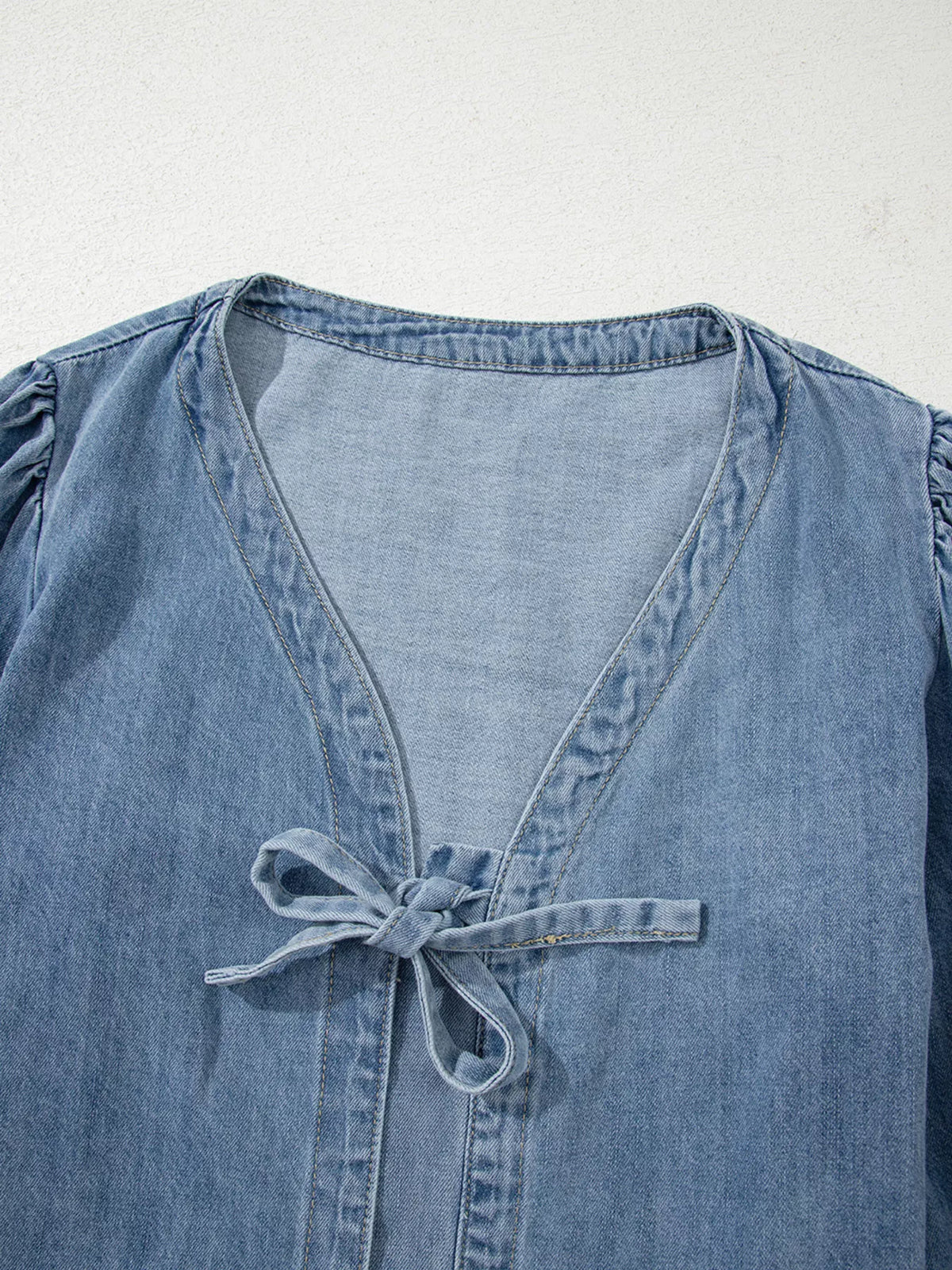 Tied Front Puff Sleeve Denim Top in Dusty Blue, view 8