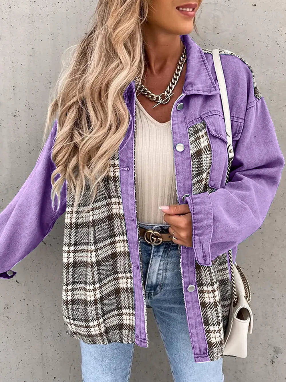 Plaid Button Up Dropped Shoulder Jacket in Purple