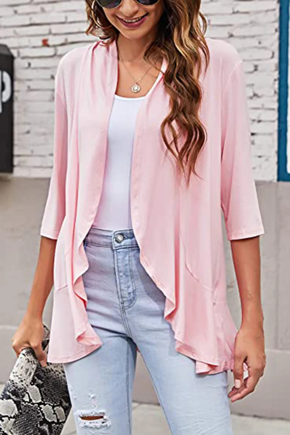 Open Front Three-Quarter Sleeve Cardigan in Blush Pink