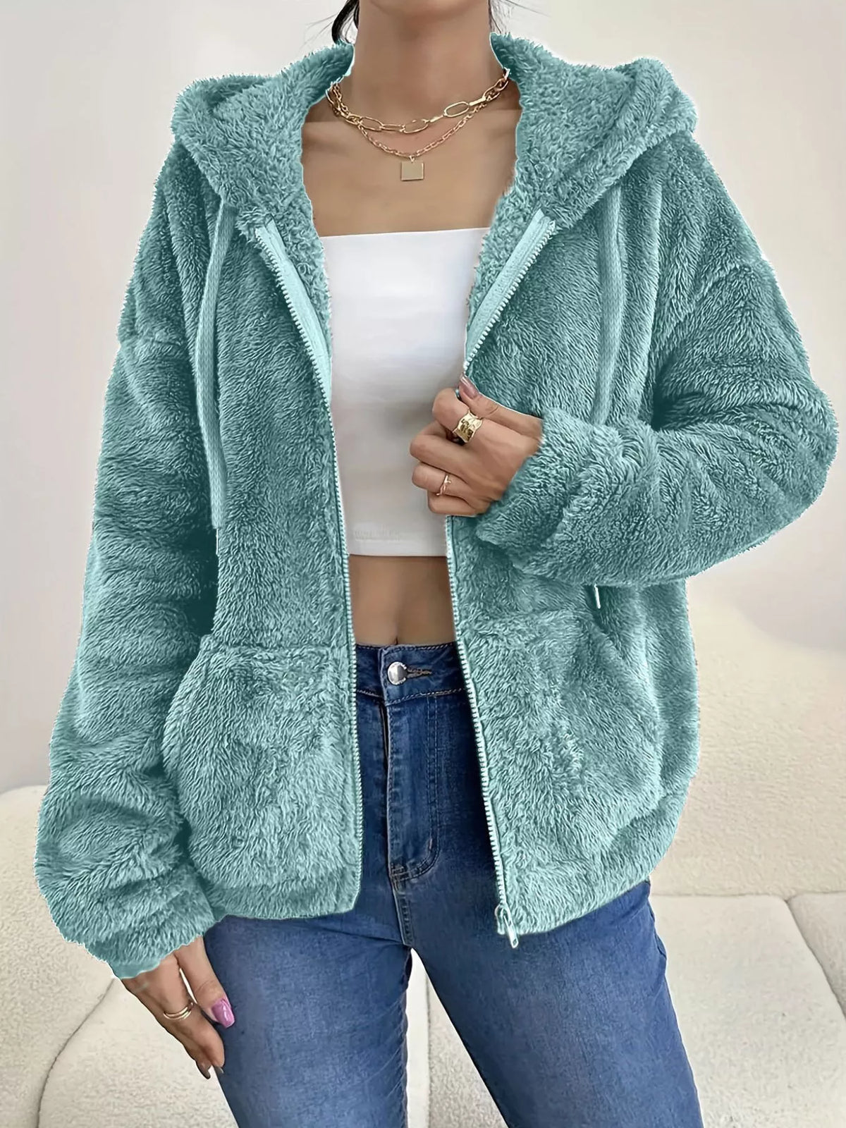 Drawstring Fleece Zip-Up Outerwear in Turquoise