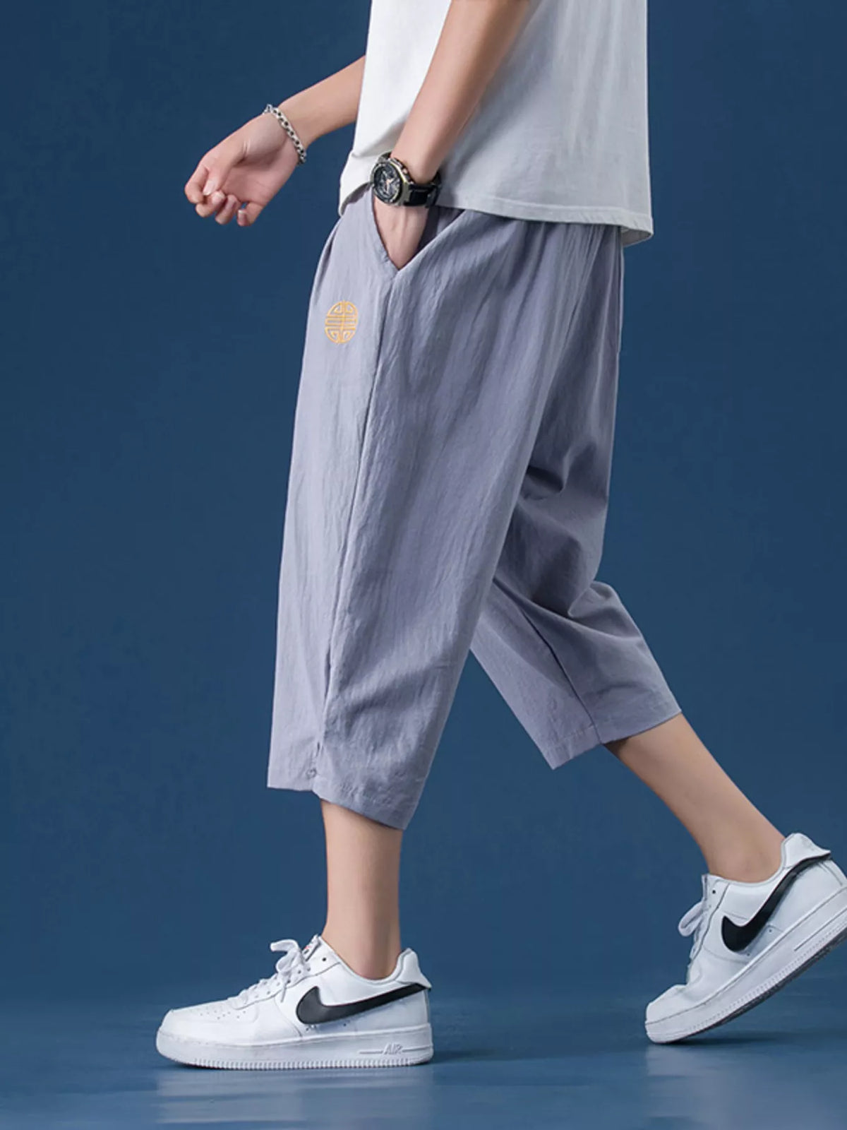 Men's Plus Size Drawstring Embroidered Detail Capri in Grey