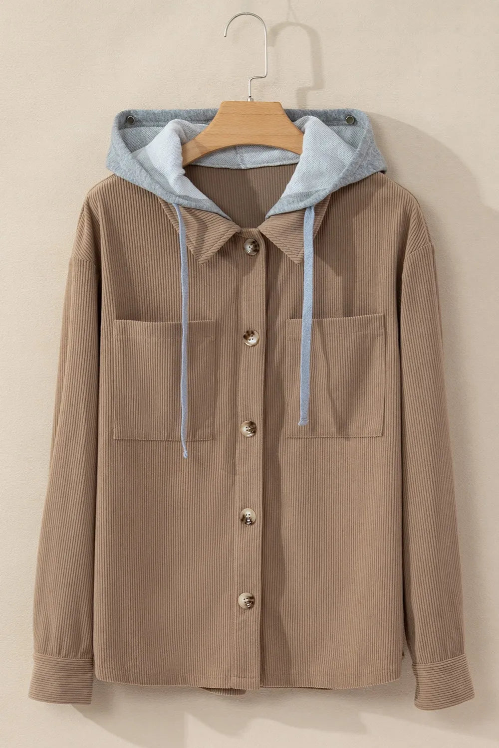 Drawstring Button Up Long Sleeve Hooded Jacket, view 3
