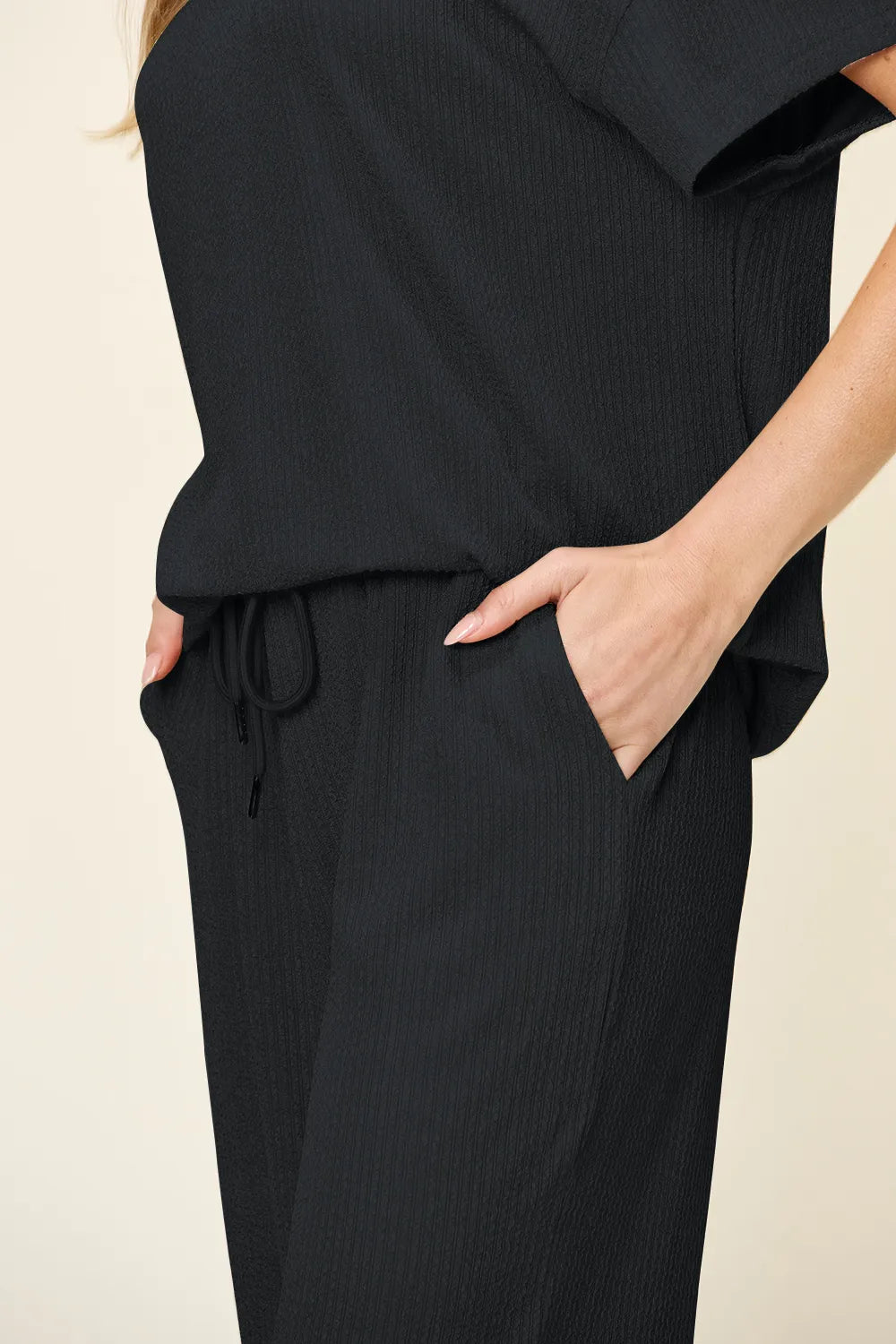 Double Take Full Size Texture Round Neck Short Sleeve T-Shirt and Wide Leg Pants, view 18