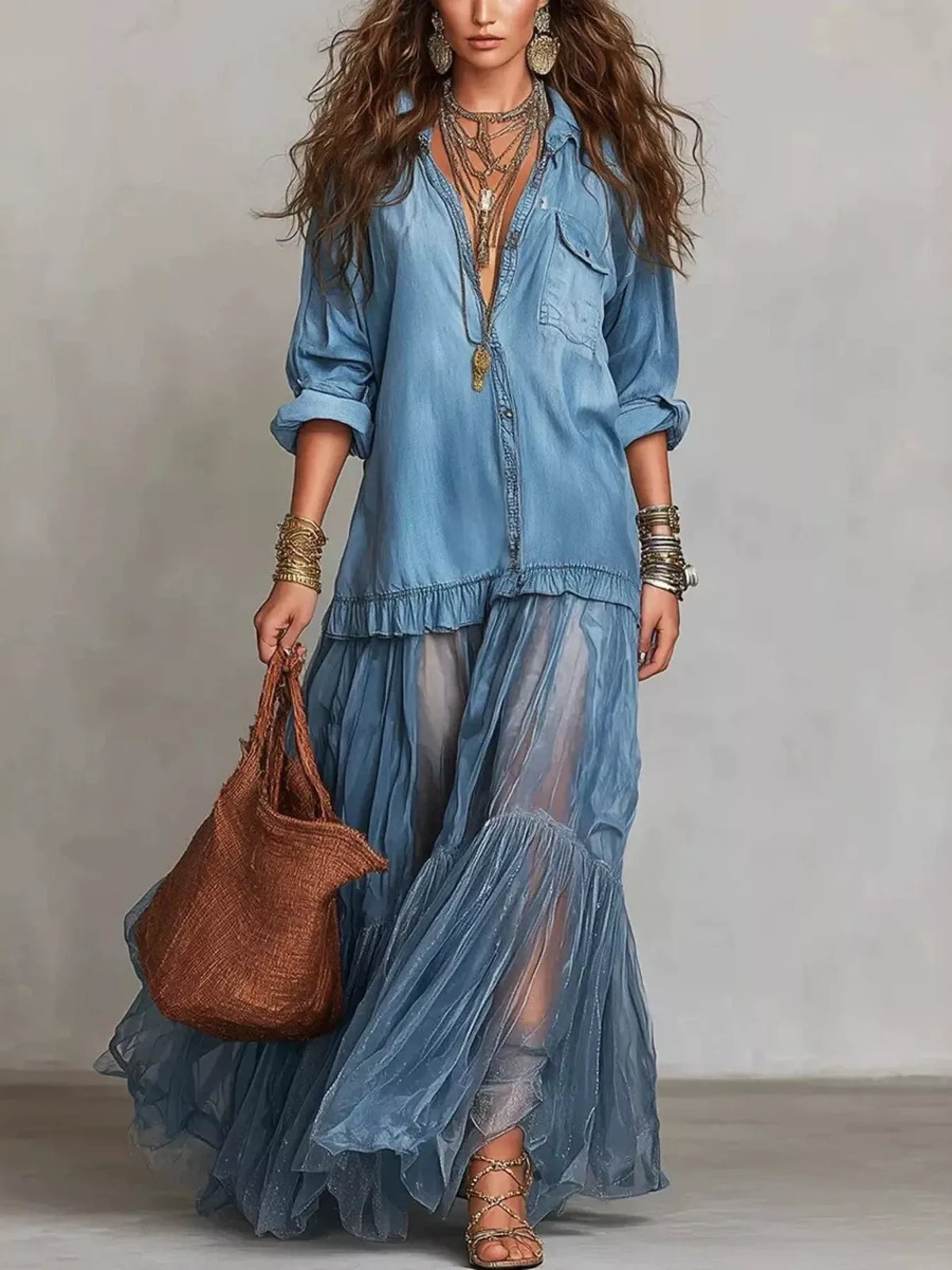 Full Size Tiered Long Sleeve Denim Shirt Maxi Dress Plus Size - Lilixa.store