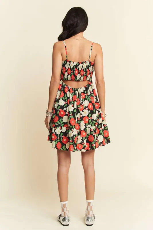 Davi & Dani Floral Scalloped Cutout Back Mini Dress - Lilixa.store