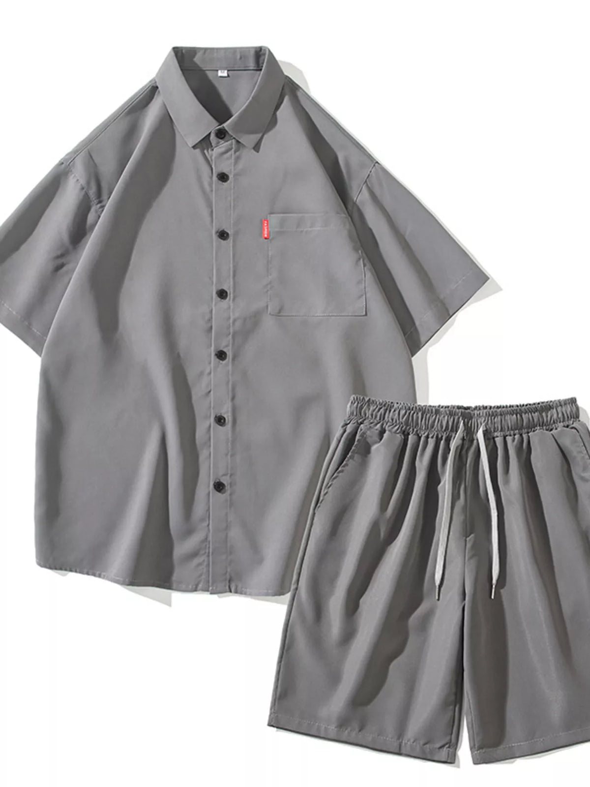Men's Plus Size Casual Solid Color Shirt & Shorts Set in Gray