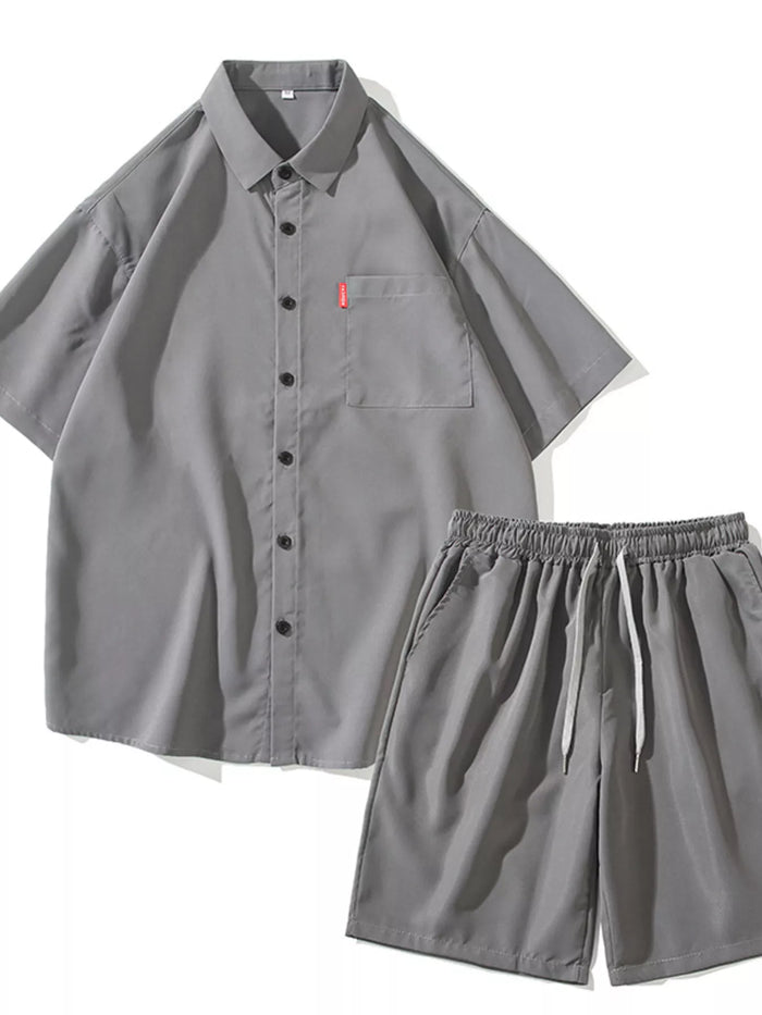 Men's Plus Size Casual Solid Color Shirt & Shorts Set in Gray