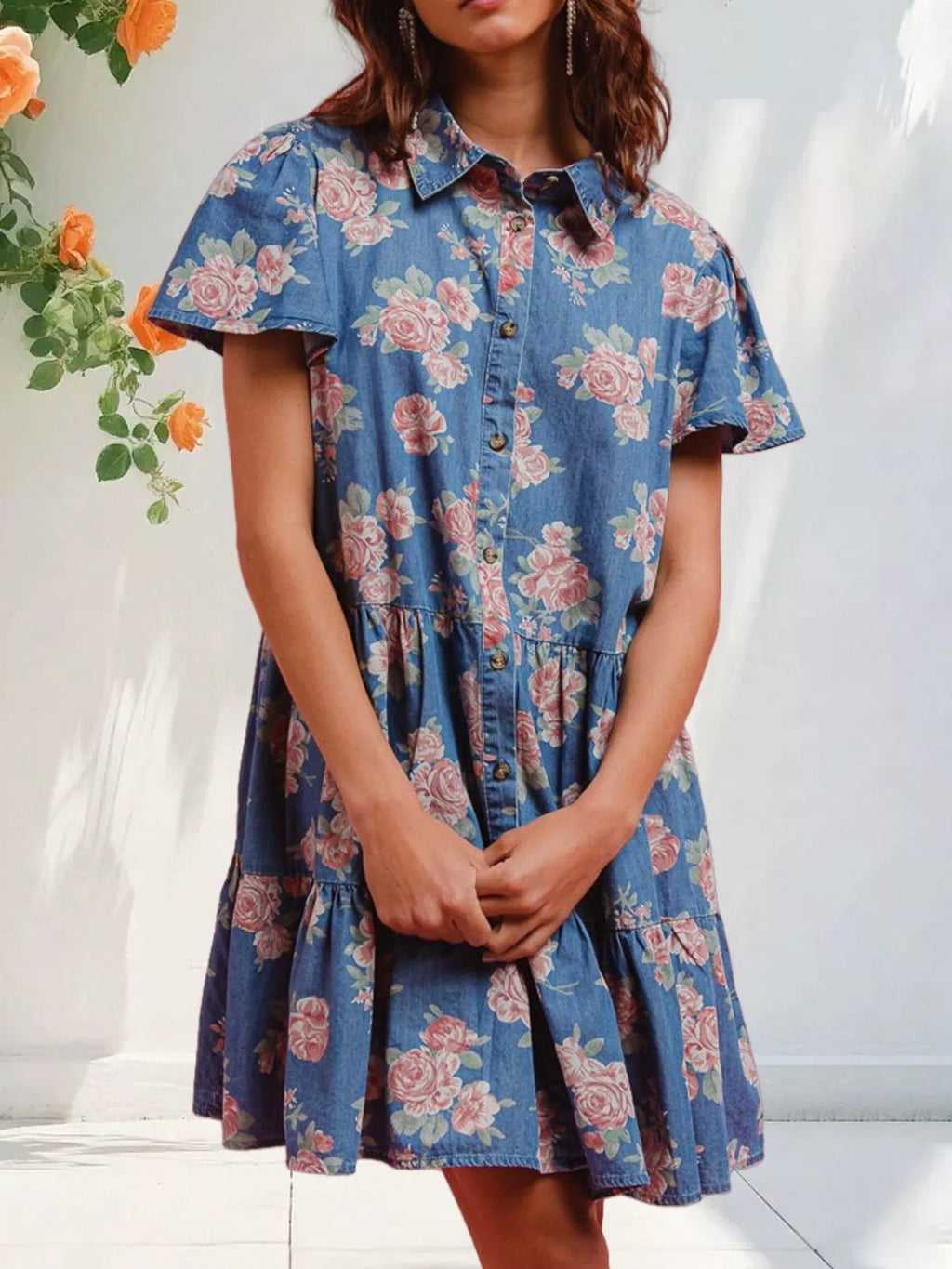 Floral Print Denim Button-Down Tiered Mini Dress - Lilixa.store
