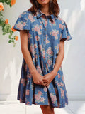 Floral Print Denim Button-Down Tiered Mini Dress - Lilixa.store