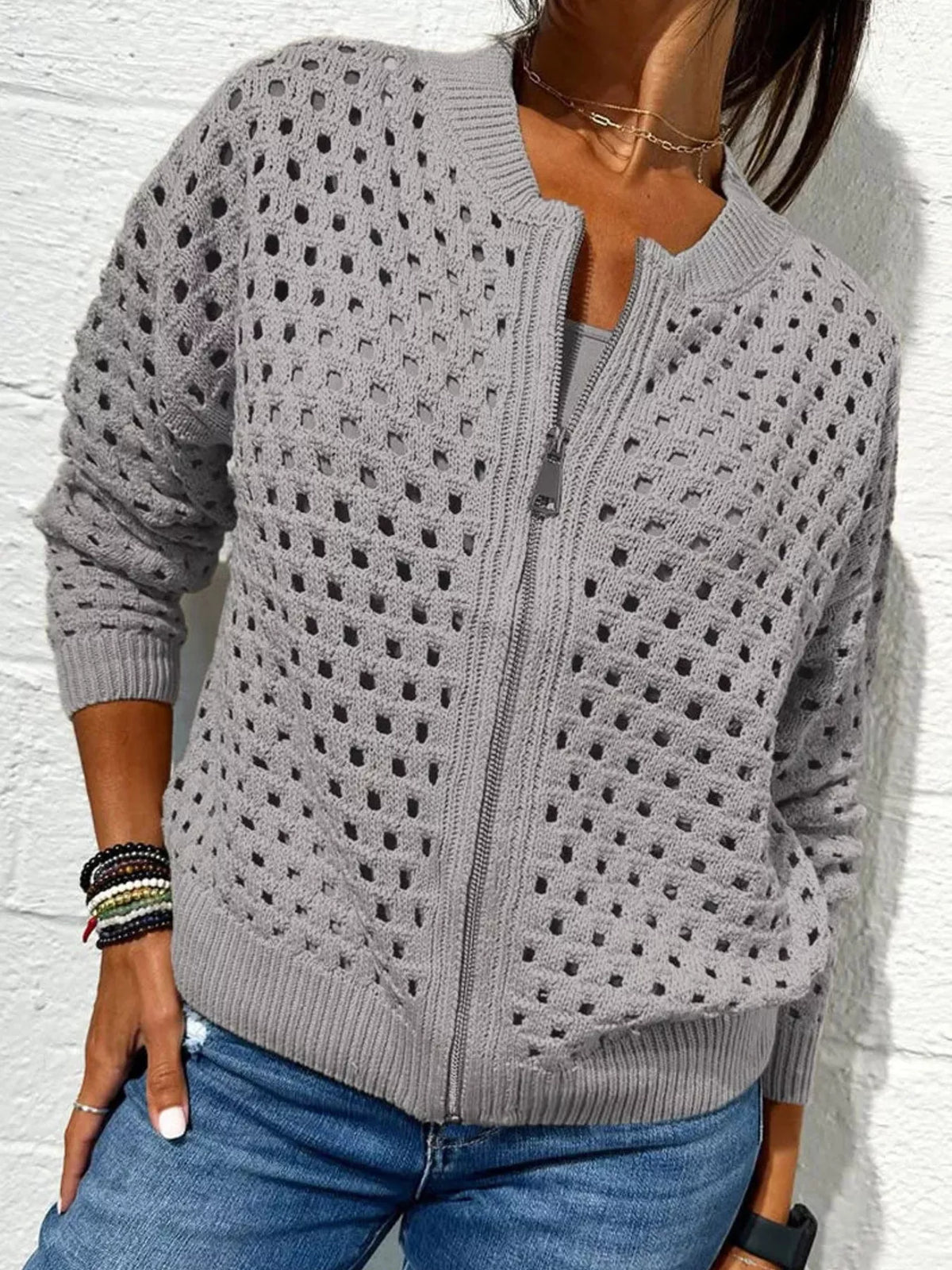 Full Size Crochet Knit Zip-Up Cardigan Plus Size - Lilixa.store