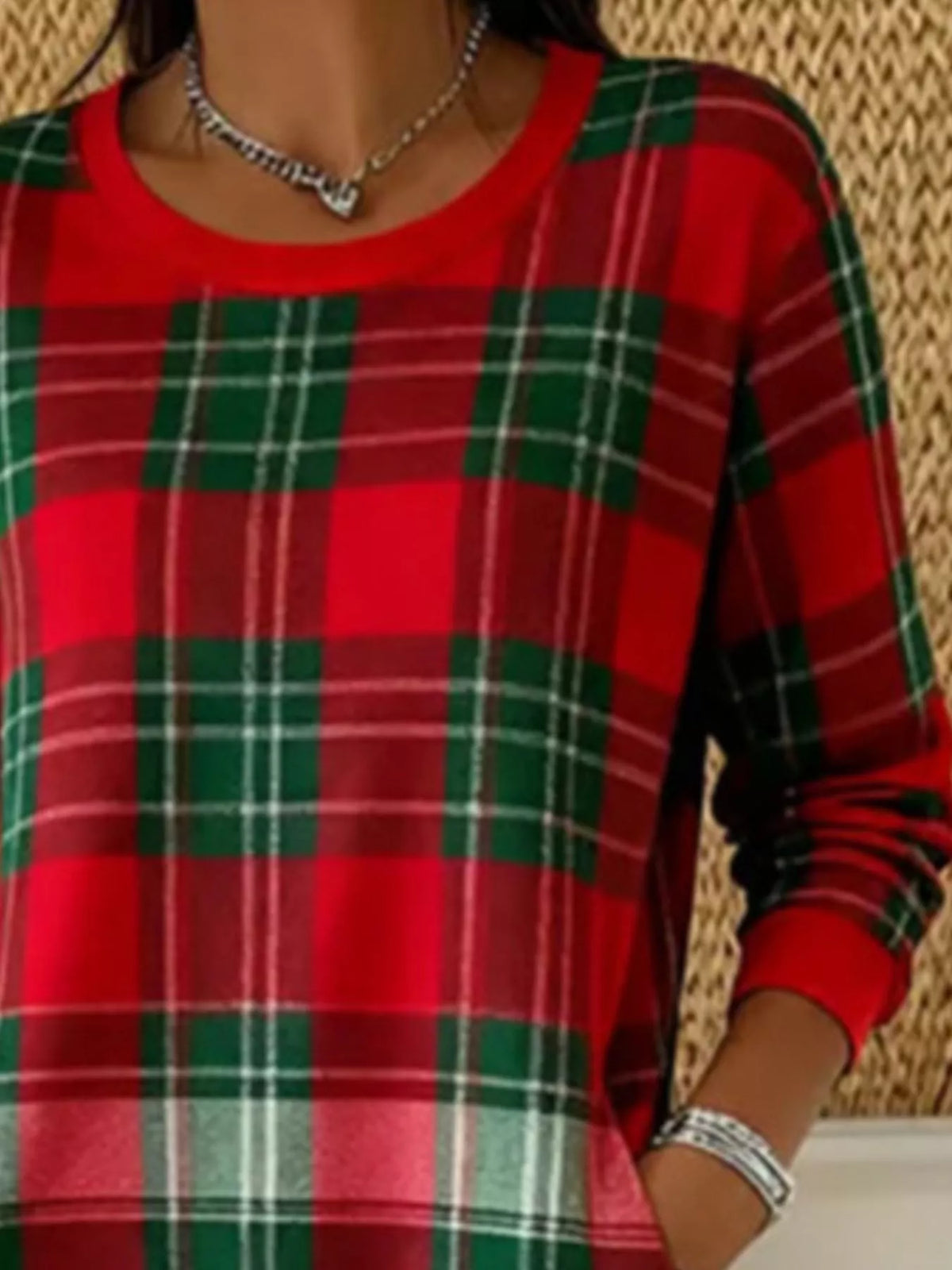 Full Size Plaid Long Sleeve Crew Neck Dress with Pockets Plus Size - Lilixa.store
