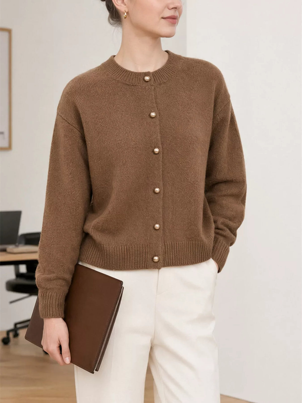 Classic Button-Down Knit Cardigan in Caramel Color