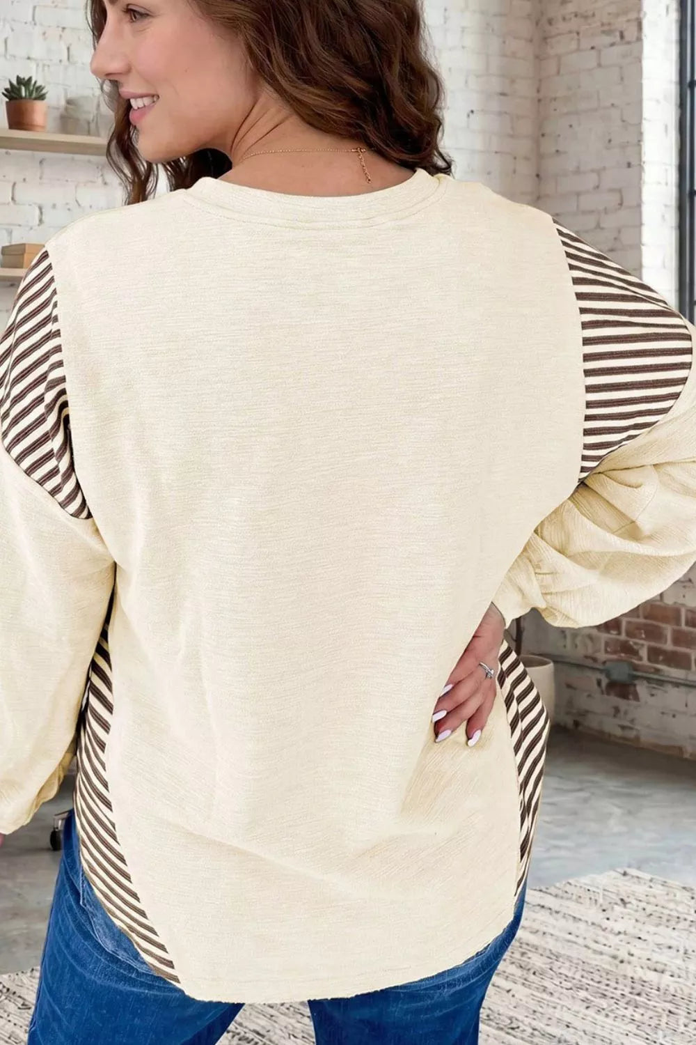 Western Graphic Striped Detail Long Sleeve Casual Top in Beige, view 2